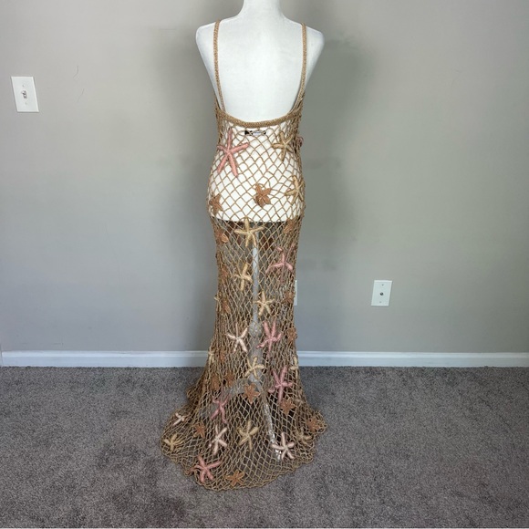 RETROFETE SERAFINA OPEN CROCHET STARFISH MAXI DRESS SIZE M/L IN ALMOND LUREX - Picture 14 of 17